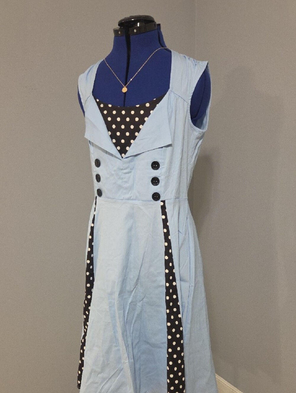 Light Blue Sleeveless Midi Dress with Black Polka Dot Insets - Picture 2 of 6